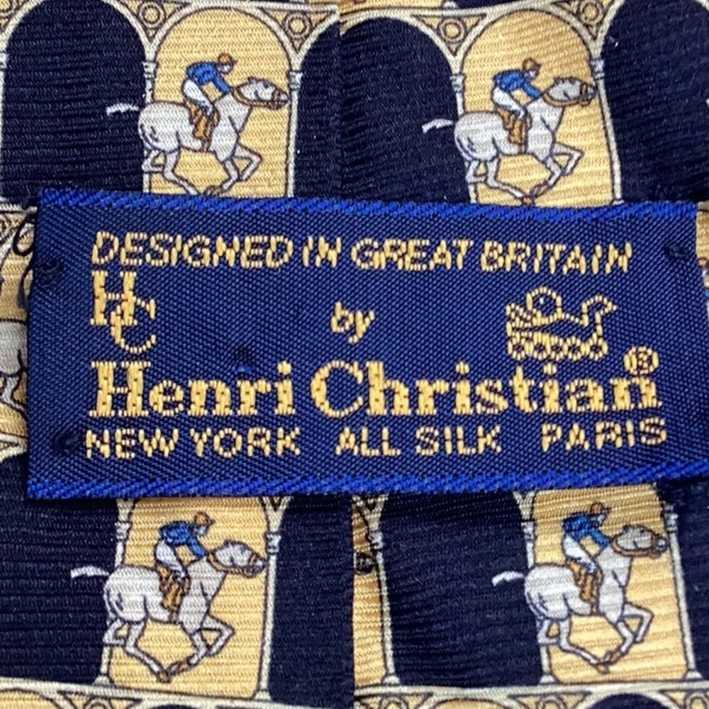Henri Christian 100% Silk Gold Black Horse Racing Jockey Neck Tie‎